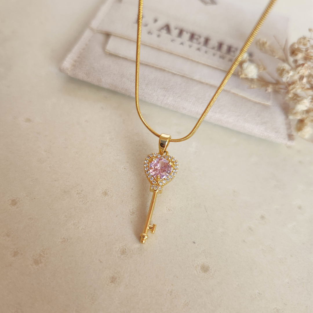 Collar Llave Rosado Gold - Colección Acero