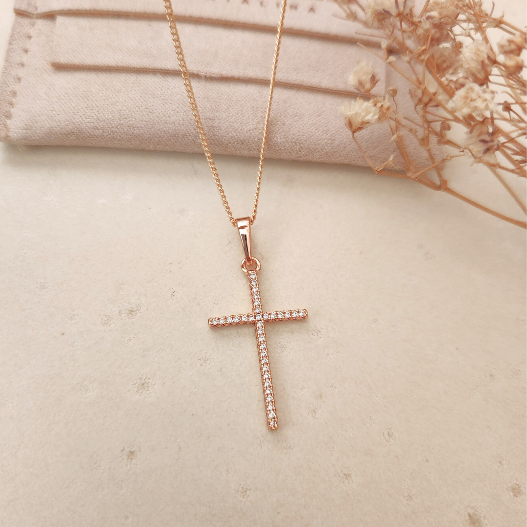 Collar Cruz Strass Rose - Colección Acero