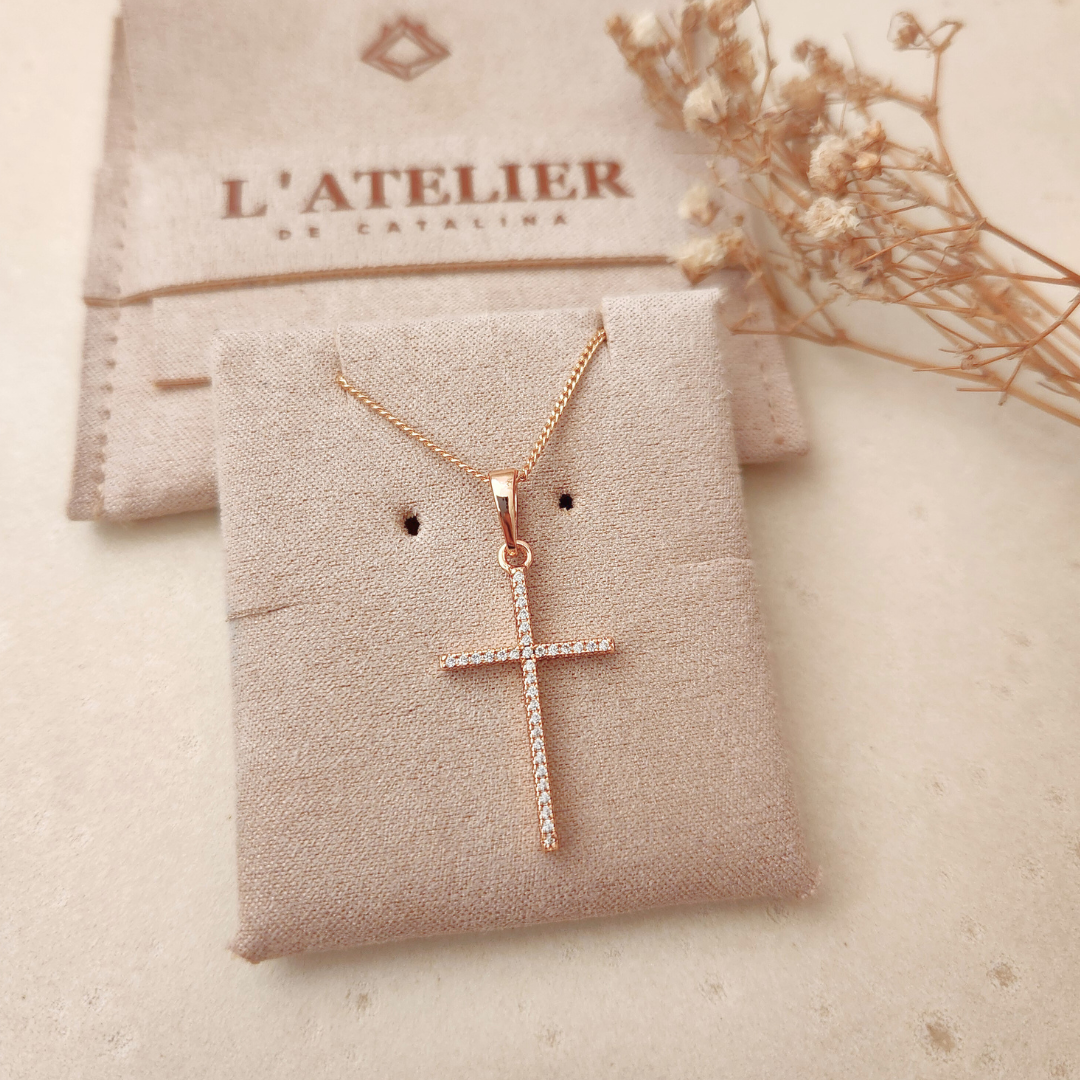 Collar Cruz Strass Rose - Colección Acero