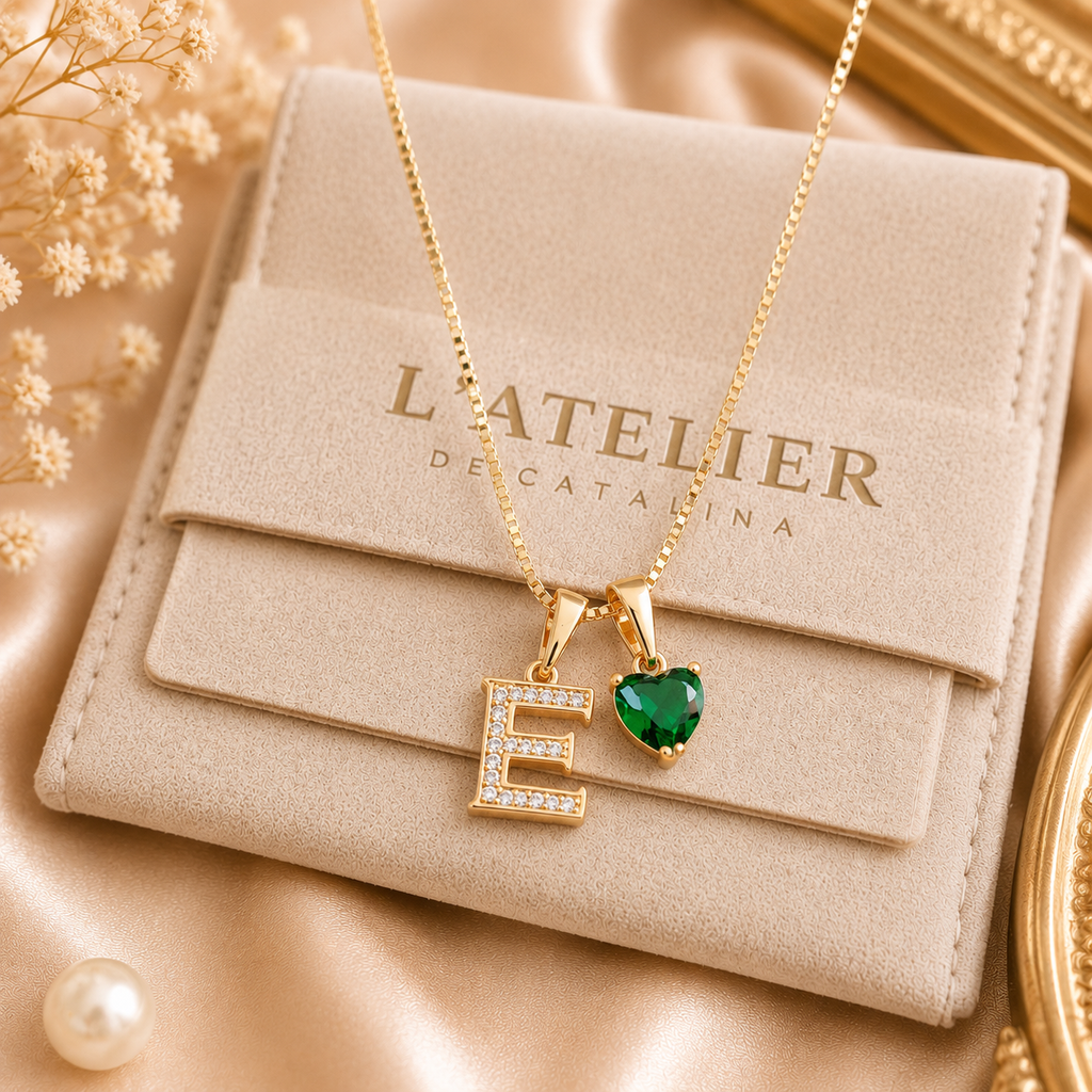 Collar Inicial Rose Corazón Verde - Colección Acero