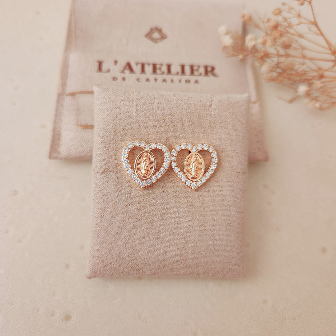 Aretes Corazón Virgen de Guadalupe Rose - Colección Acero Imagen principal del producto