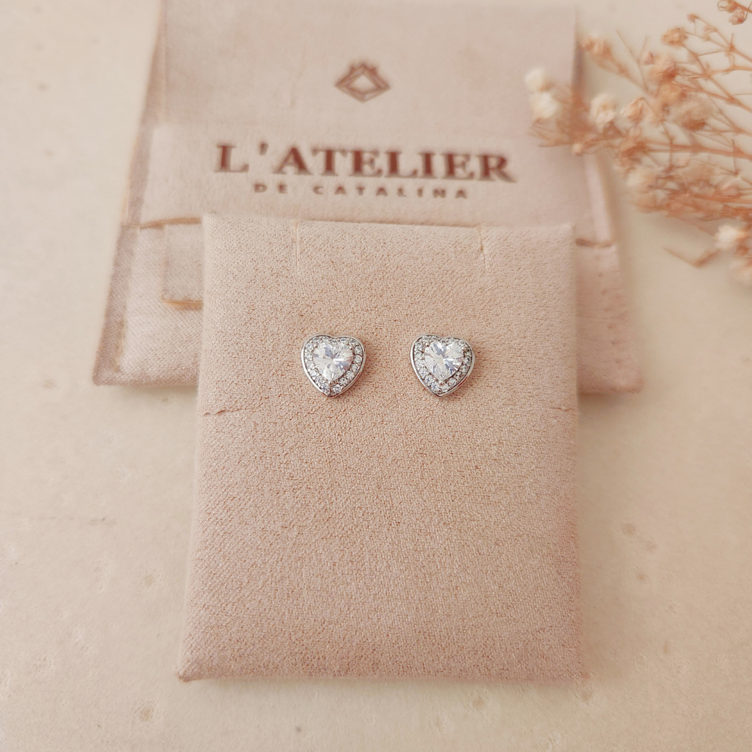 Aretes Corazón Cristal Plateado - Colección Acero