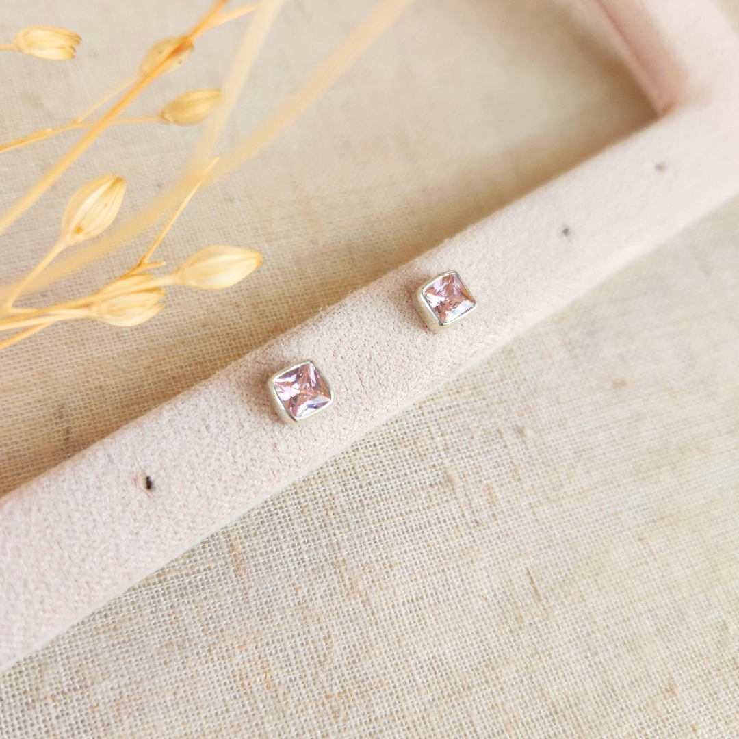 Aretes Cuadrado Rosa - Colección Plata