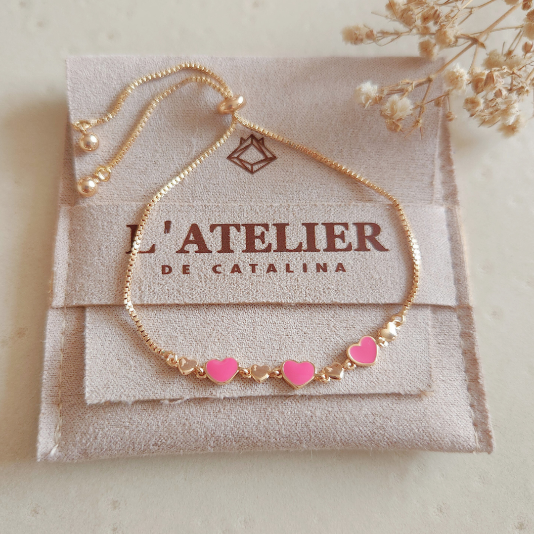 Pulsera Regulable Corazones Rosados - Colección Acero