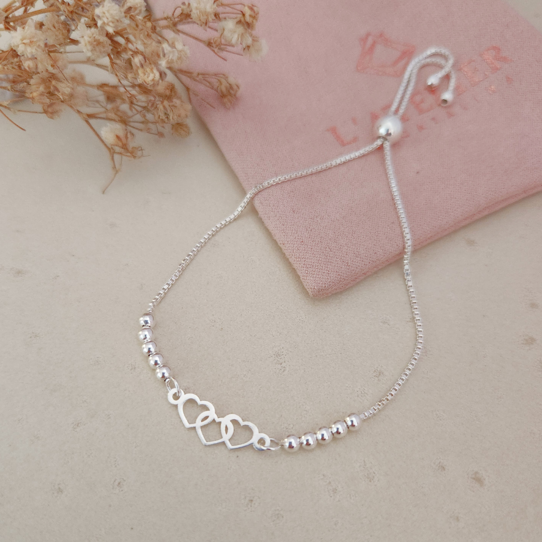 Pulsera Regulable Tres Corazones - Colección Plata