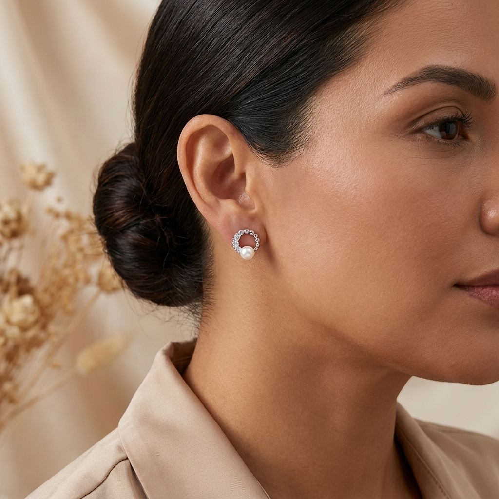 Aretes Circulo Perla Plateado - Colección Acero
