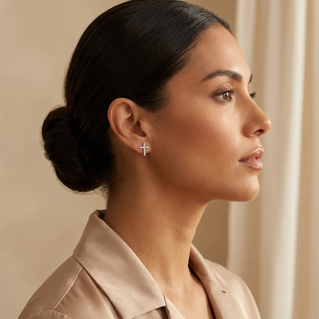 Aretes Cruz Strass Plateado - Colección Acero Imagen secundaria del producto