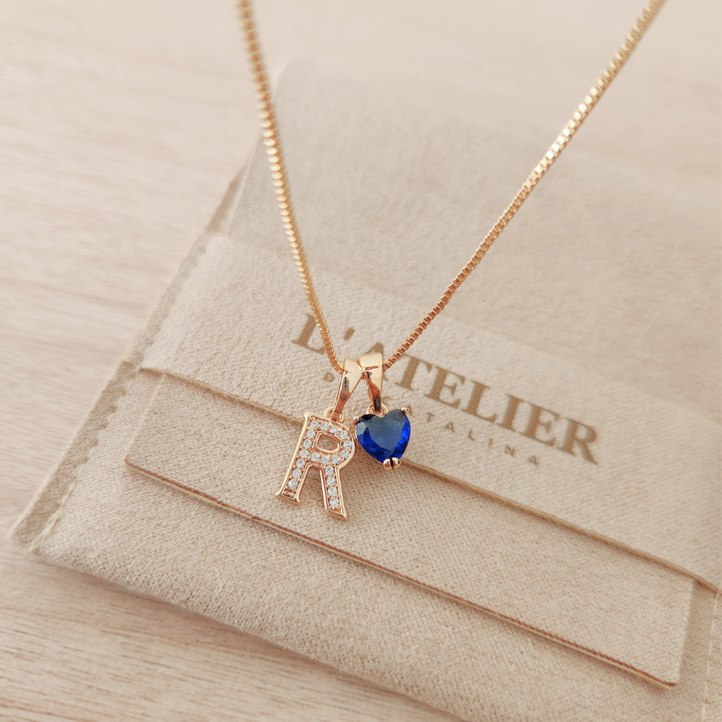 Collar Inicial Rose Corazón Azul Oscuro - Colección Acero