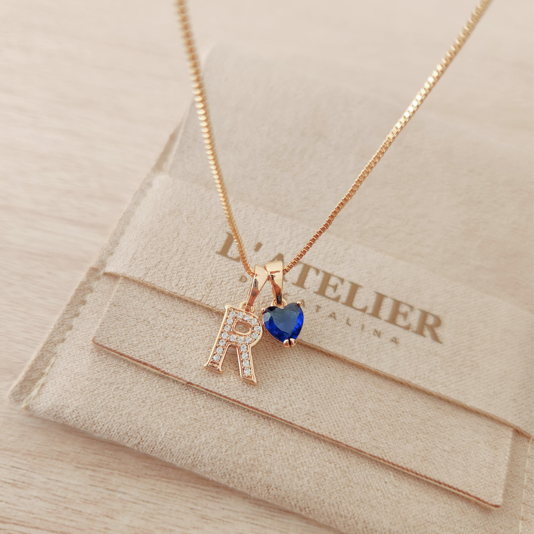 Collar Inicial Rose Corazón Azul Oscuro - Colección Acero