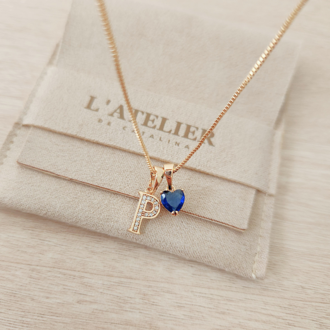 Collar Inicial Rose Corazón Azul Oscuro - Colección Acero