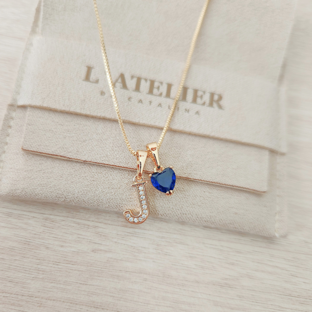 Collar Inicial Rose Corazón Azul Oscuro - Colección Acero