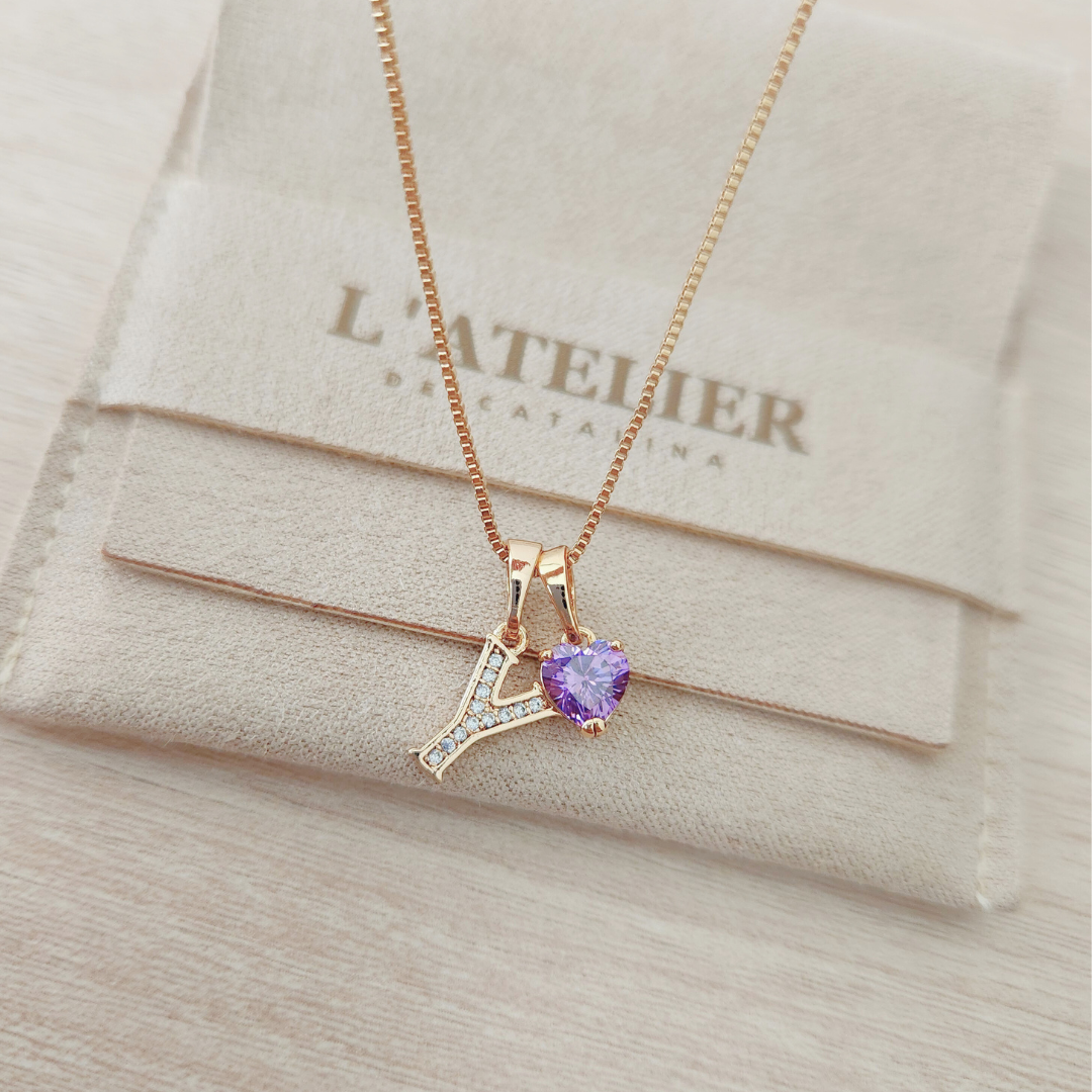 Collar Inicial Rose Corazón Lila - Colección Acero