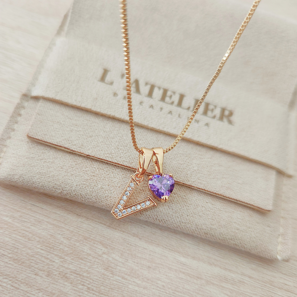 Collar Inicial Rose Corazón Lila - Colección Acero