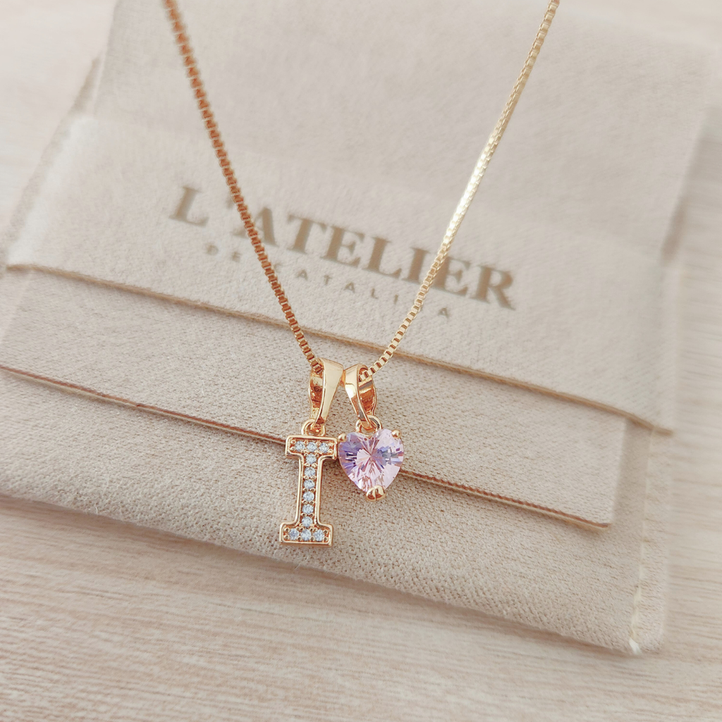 Collar Inicial Rose Corazón Rosado - Colección Acero