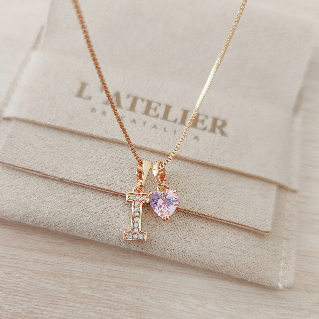 Collar Inicial Rose Corazón Rosado - Colección Acero