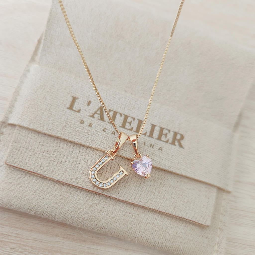 Collar Inicial Rose Corazón Rosado - Colección Acero