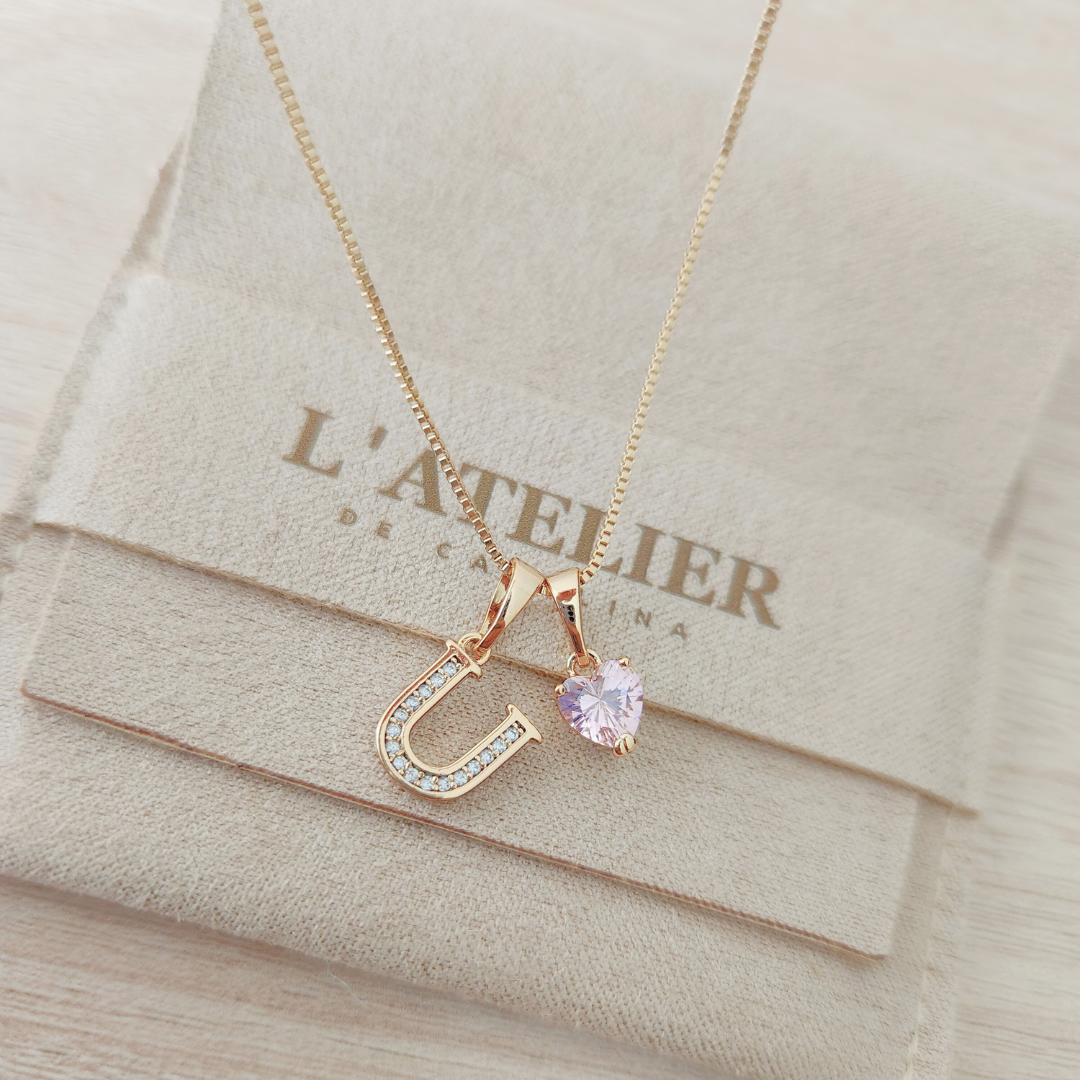 Collar Inicial Rose Corazón Rosado - Colección Acero