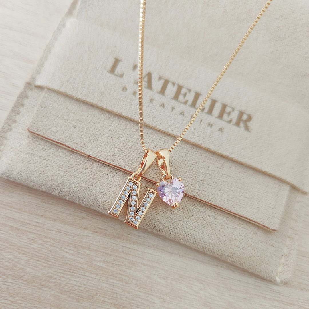 Collar Inicial Rose Corazón Rosado - Colección Acero