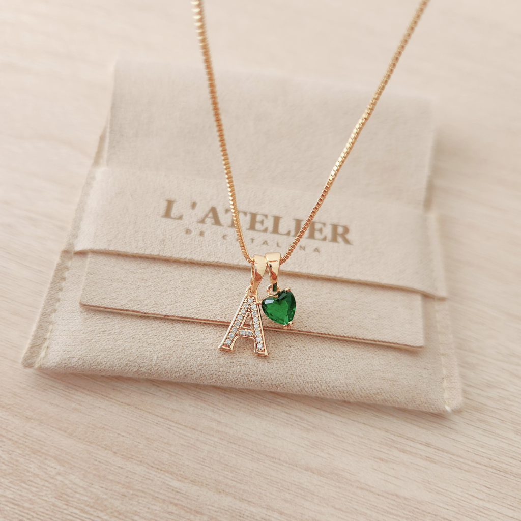 Collar Inicial Rose Corazón Verde - Colección Acero