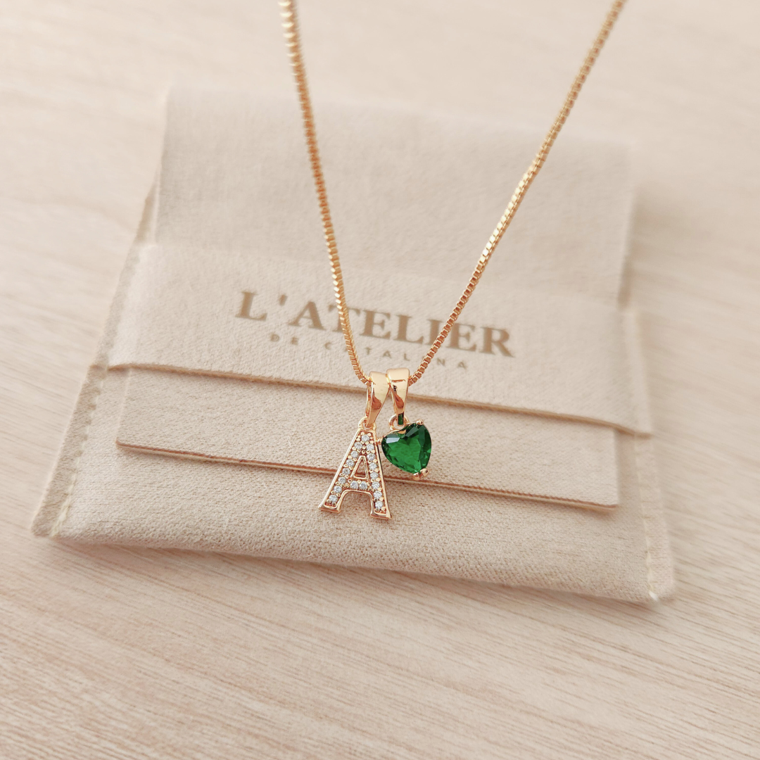 Collar Inicial Rose Corazón Verde - Colección Acero