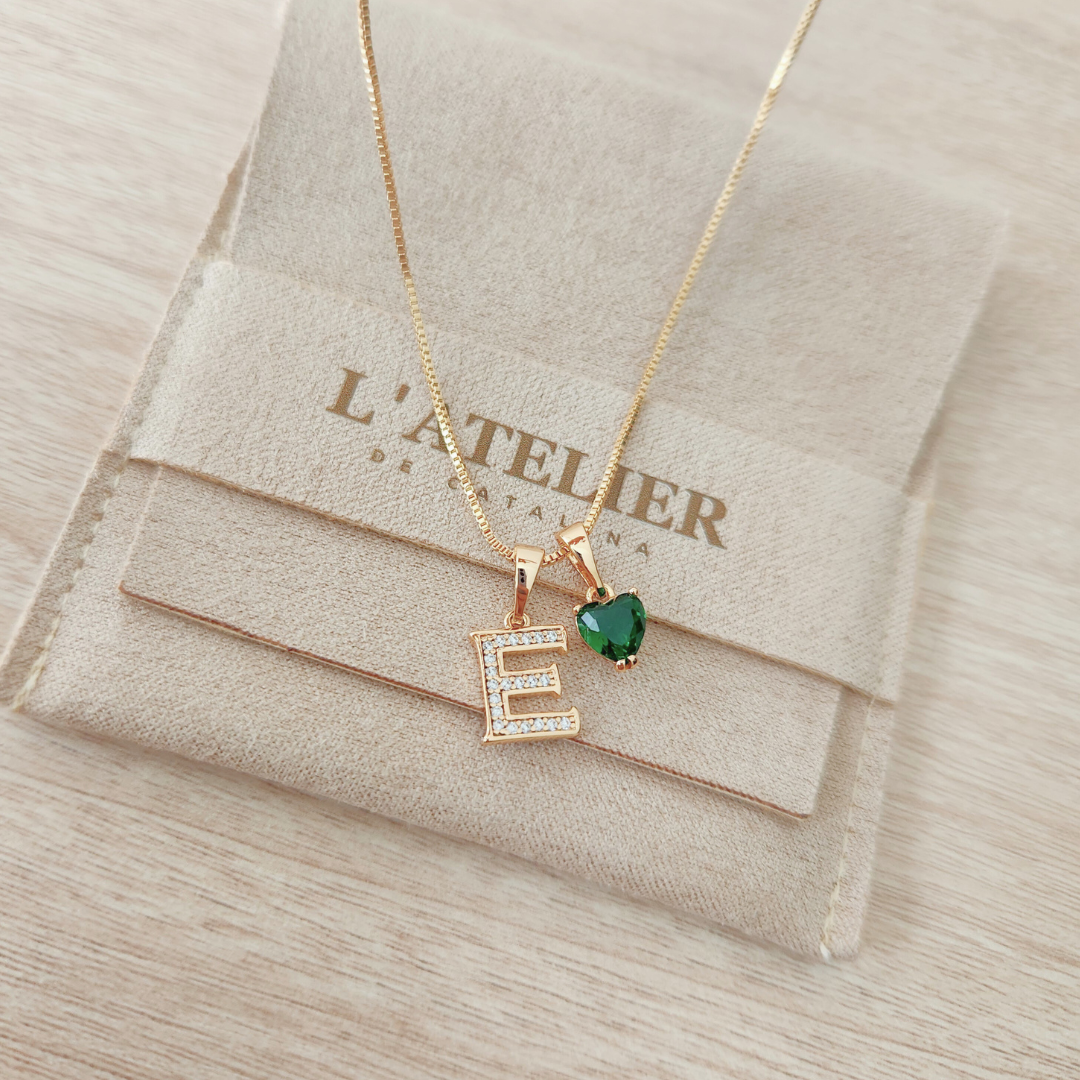 Collar Inicial Rose Corazón Verde - Colección Acero