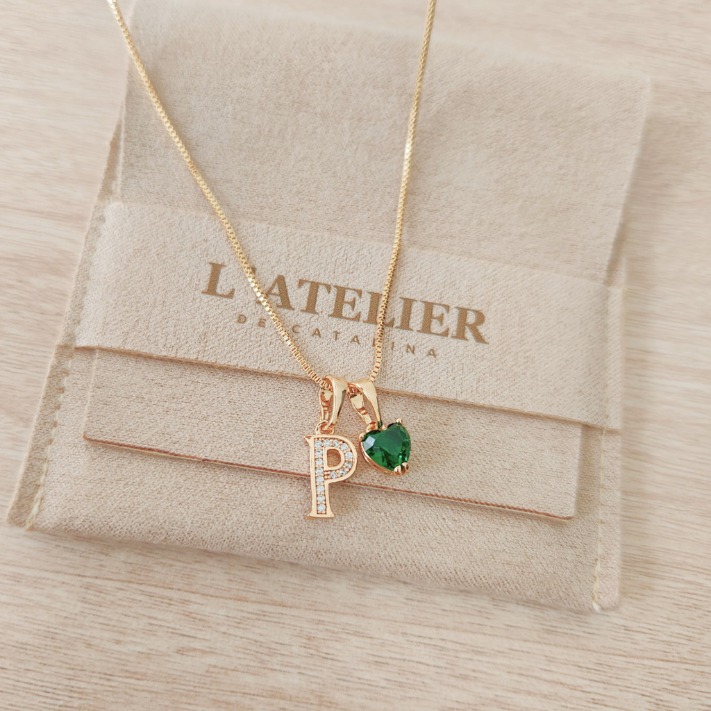 Collar Inicial Rose Corazón Verde - Colección Acero