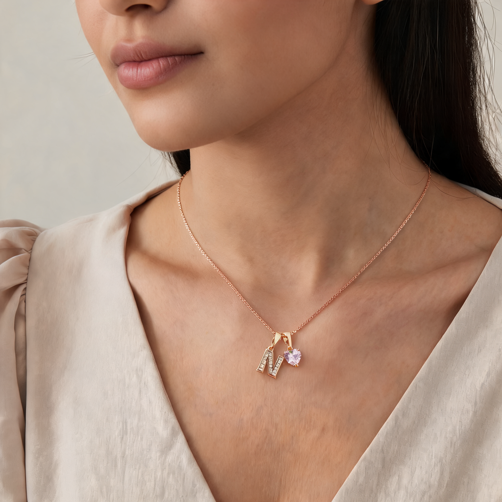 Collar Inicial Rose Corazón Rosado - Colección Acero