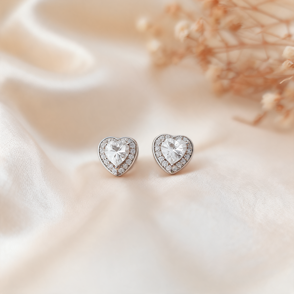 Aretes Corazón Cristal Plateado - Colección Acero