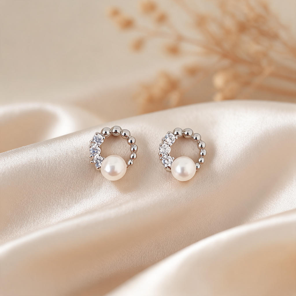 Aretes Circulo Perla Plateado - Colección Acero