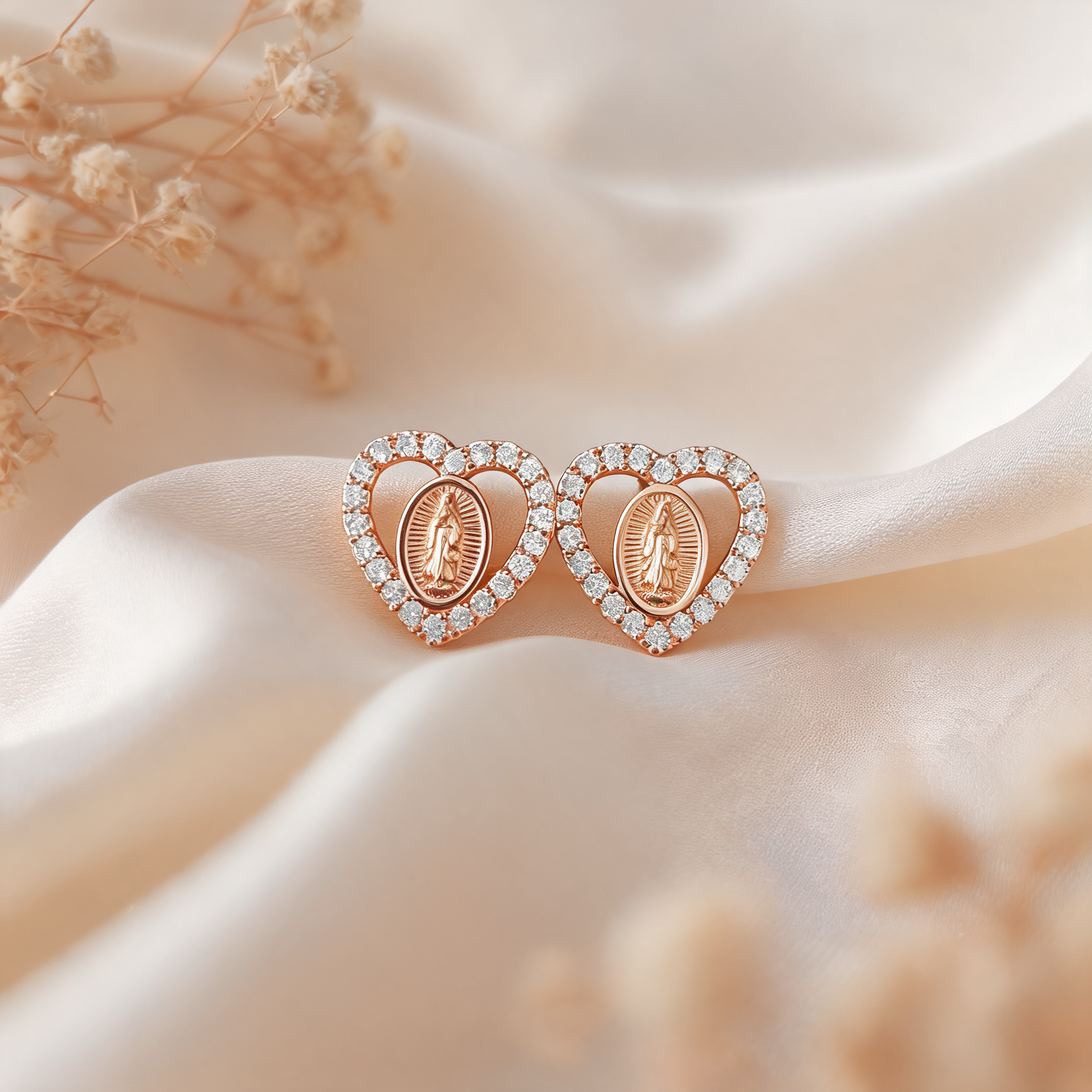 Aretes Corazón Virgen de Guadalupe Rose - Colección Acero
